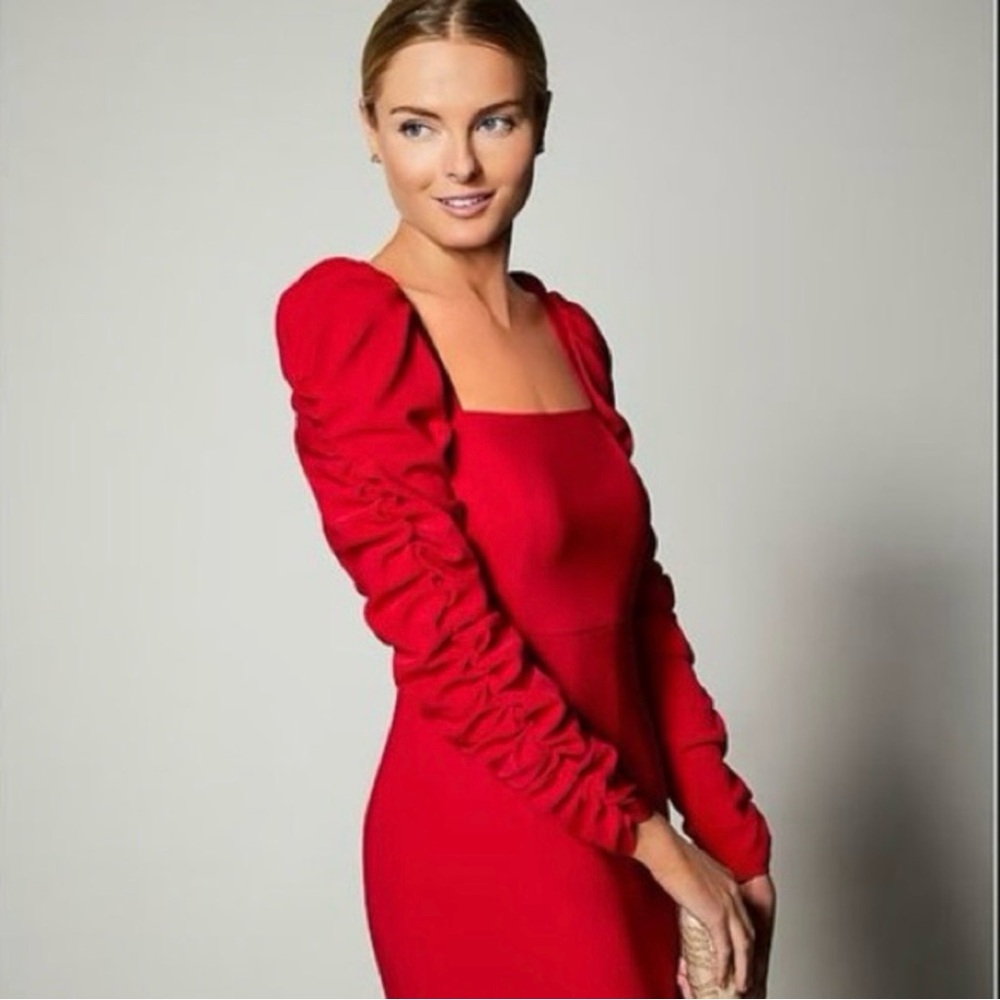 NWT Antonio Melani Elena Crepe Square Neck Long Ruched Sleeve Midi Dress